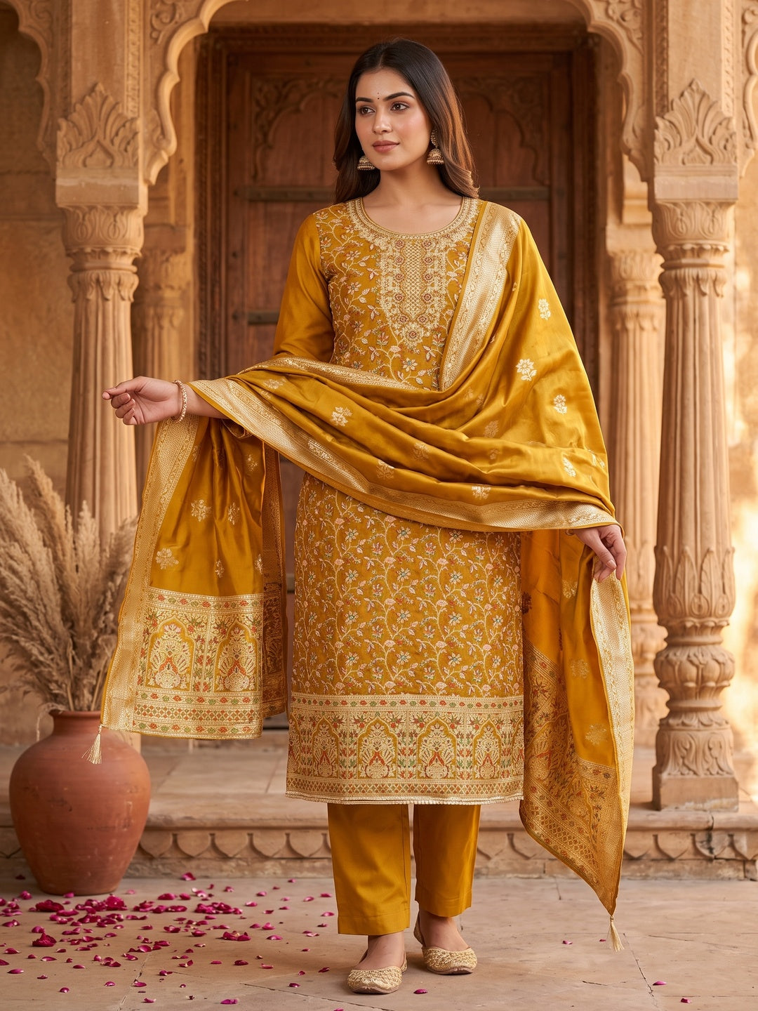 Unstitched Mustard Jacquard Dress Set with Traditional Zari Weaving - Image 1