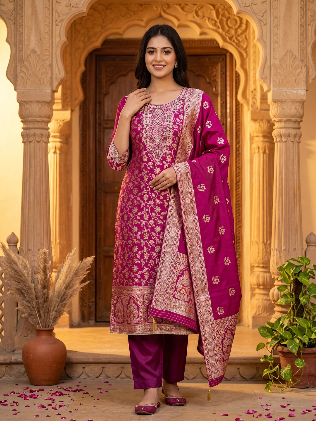 Unstitched Pink Jacquard Dress Set with Traditional Zari Weaving - Image 1
