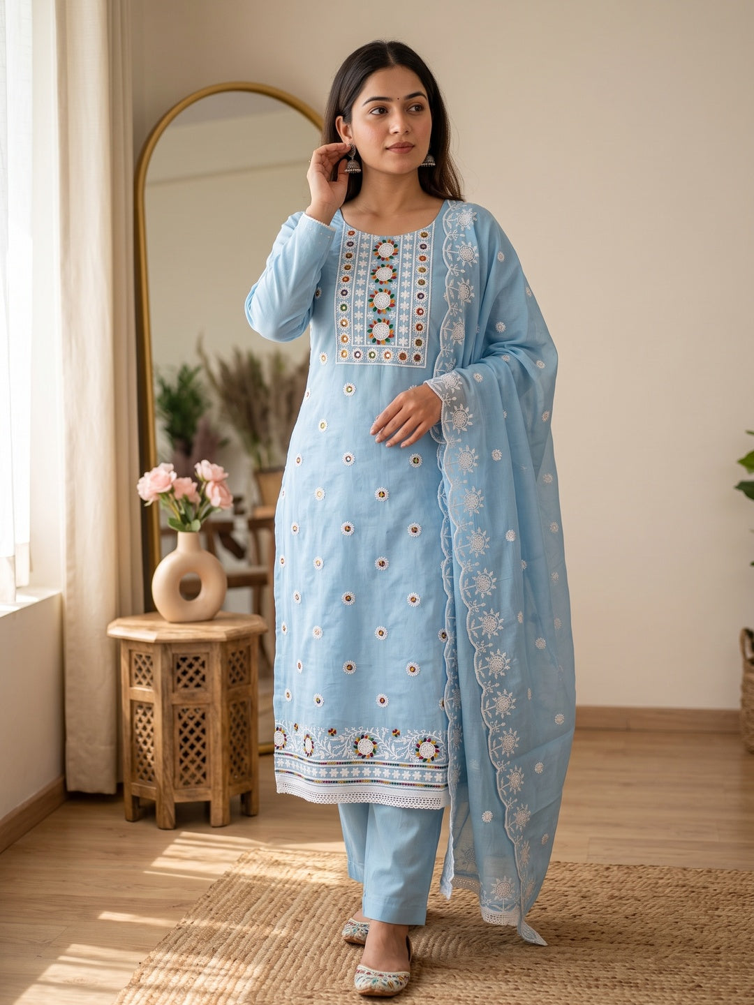 Blue Embroidered Cotton Blend Suit Fabric with Soft Floral Detailing - Image 1