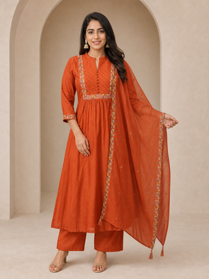 Peachmode Rust Mul Chanderi Embroidered Salwar Suit - Image 1