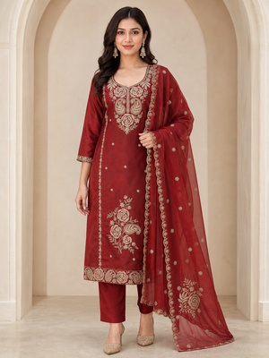 Peachmode Maroon Chanderi Silk Blend Embroidered Salwar Suit - Image 1