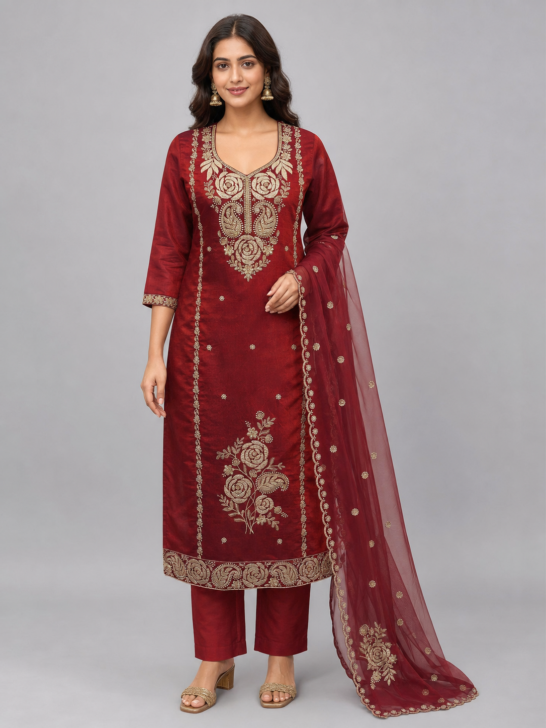 Peachmode Maroon Chanderi Silk Blend Embroidered Salwar Suit - Image 2