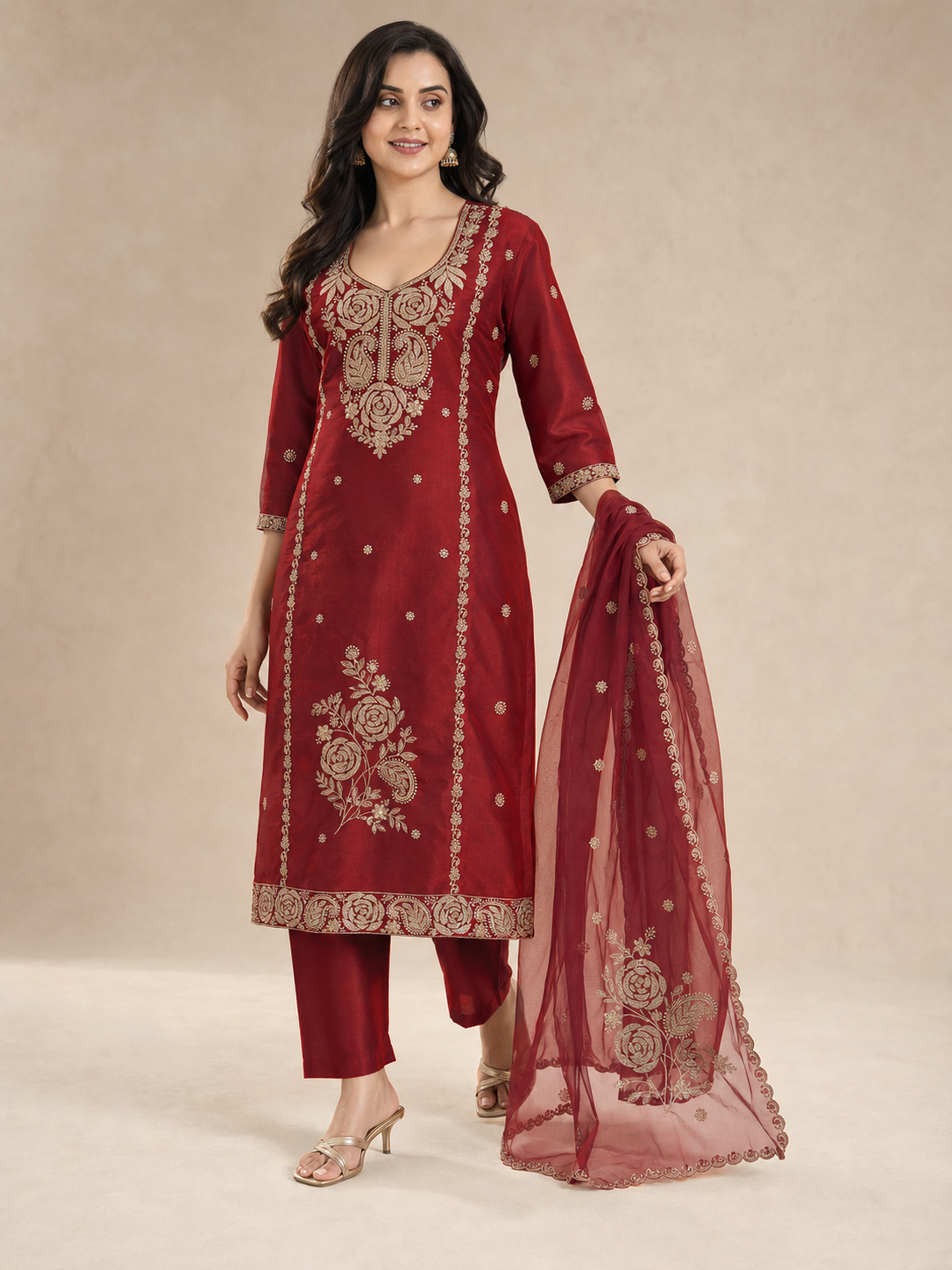 Peachmode Maroon Chanderi Silk Blend Embroidered Salwar Suit - Image 4