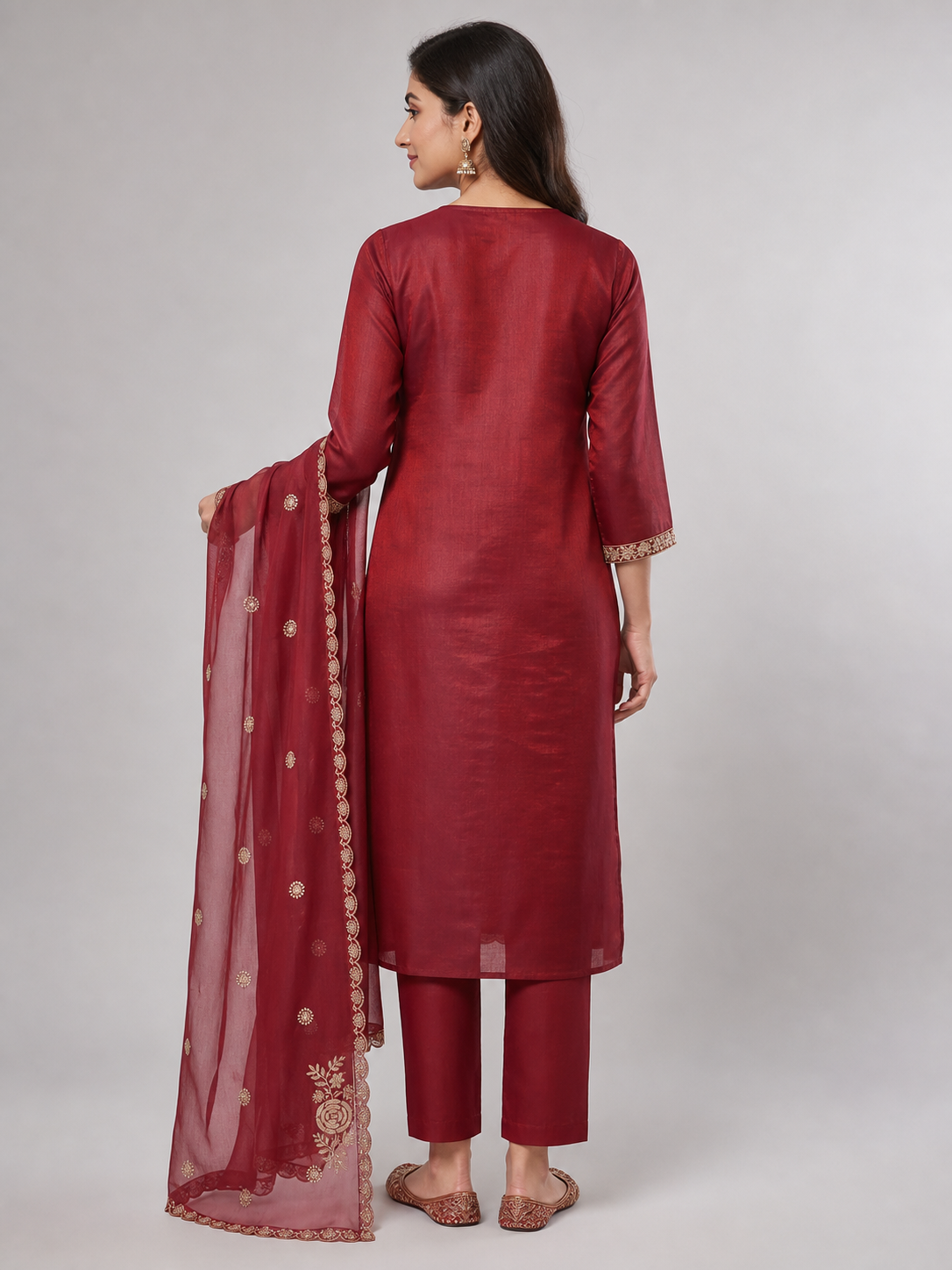 Peachmode Maroon Chanderi Silk Blend Embroidered Salwar Suit - Image 5