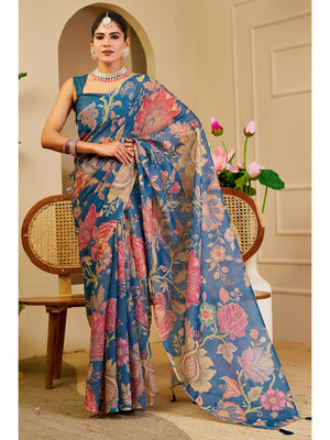 Peachmode Blue Pure Cotton Saree - Image 1