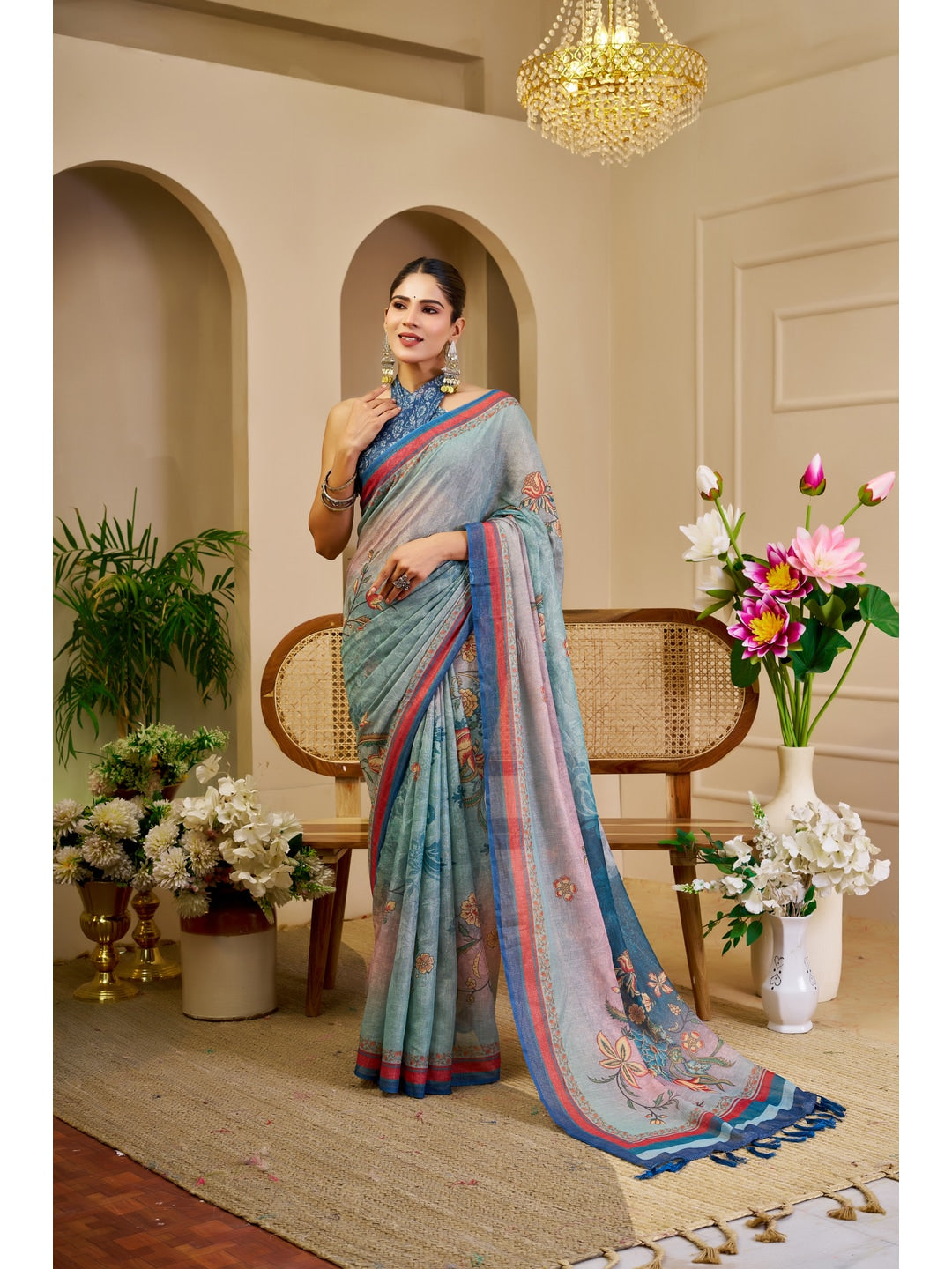 Peachmode Blue Pure Cotton Saree - Image 1