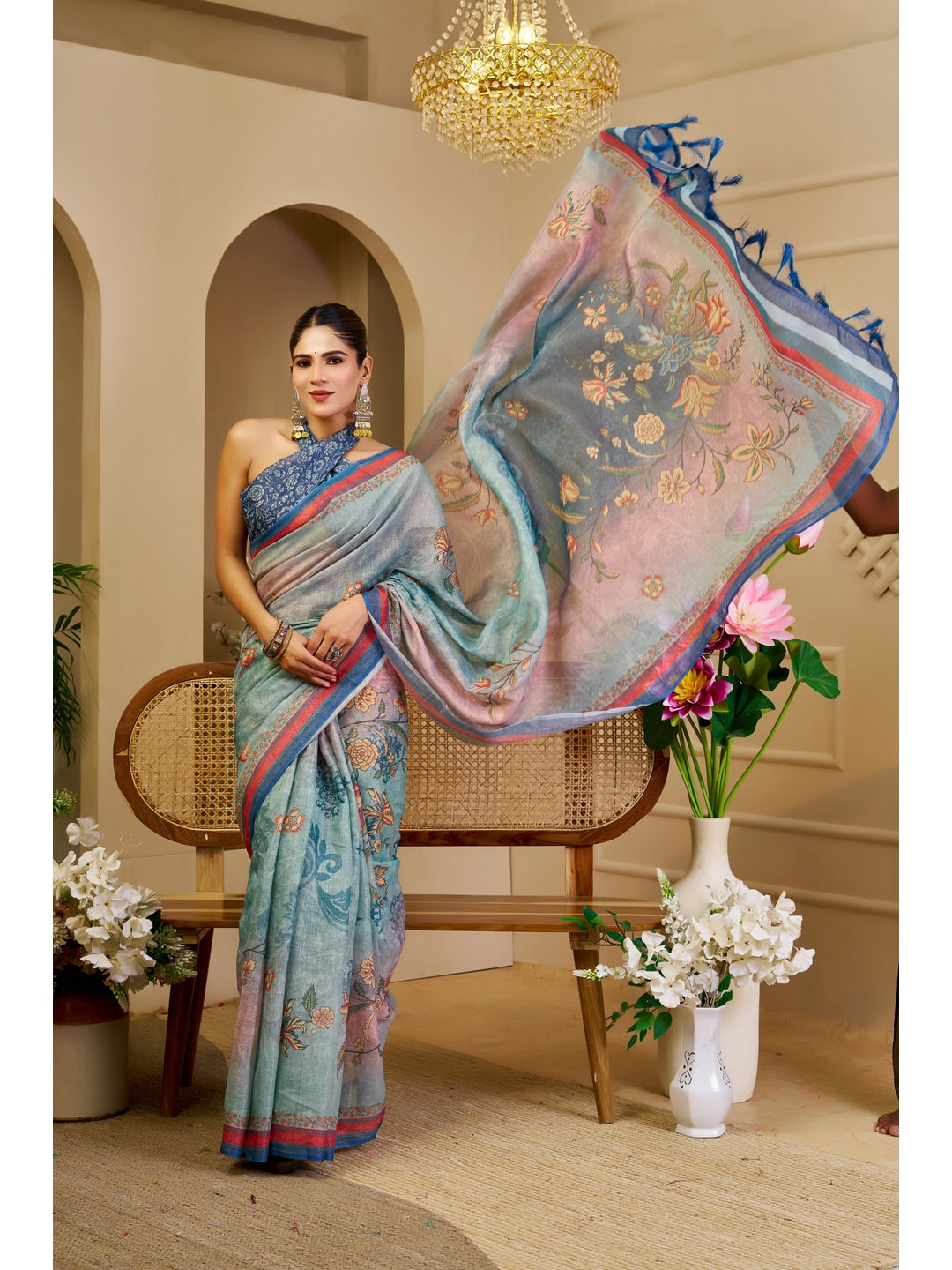Peachmode Blue Pure Cotton Saree - Image 5