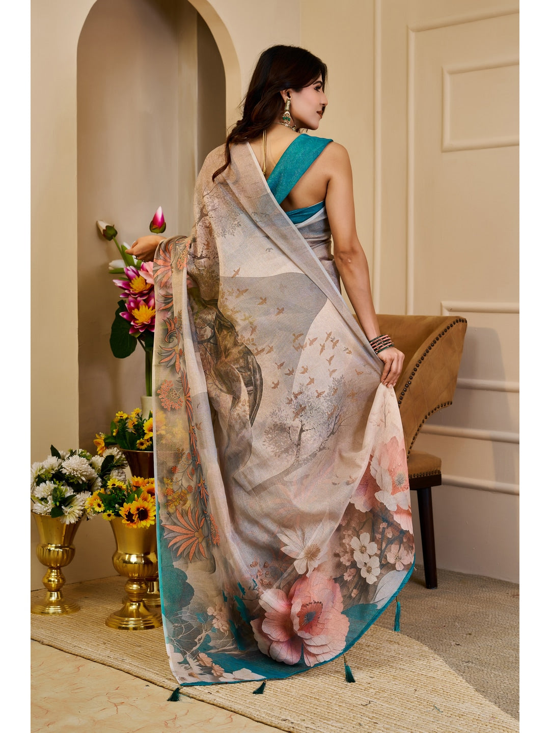 Peachmode Beige Pure Cotton Saree - Image 2
