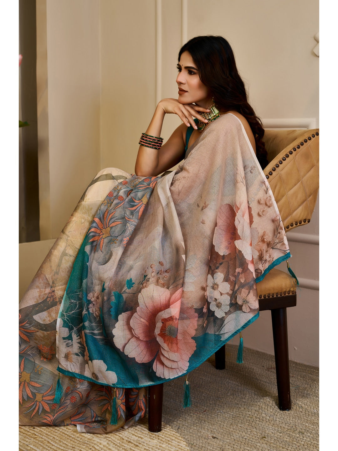 Peachmode Beige Pure Cotton Saree - Image 4