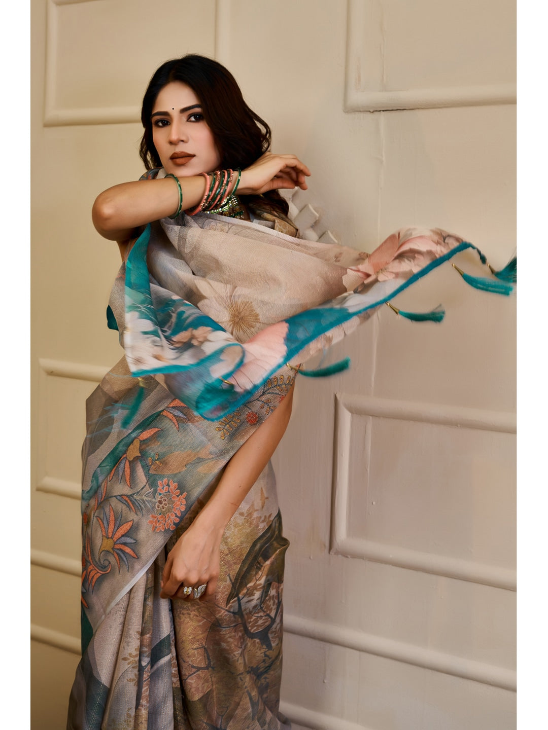 Peachmode Beige Pure Cotton Saree - Image 5