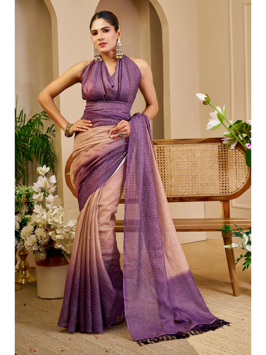 Peachmode Purple Pure Cotton Saree - Image 2
