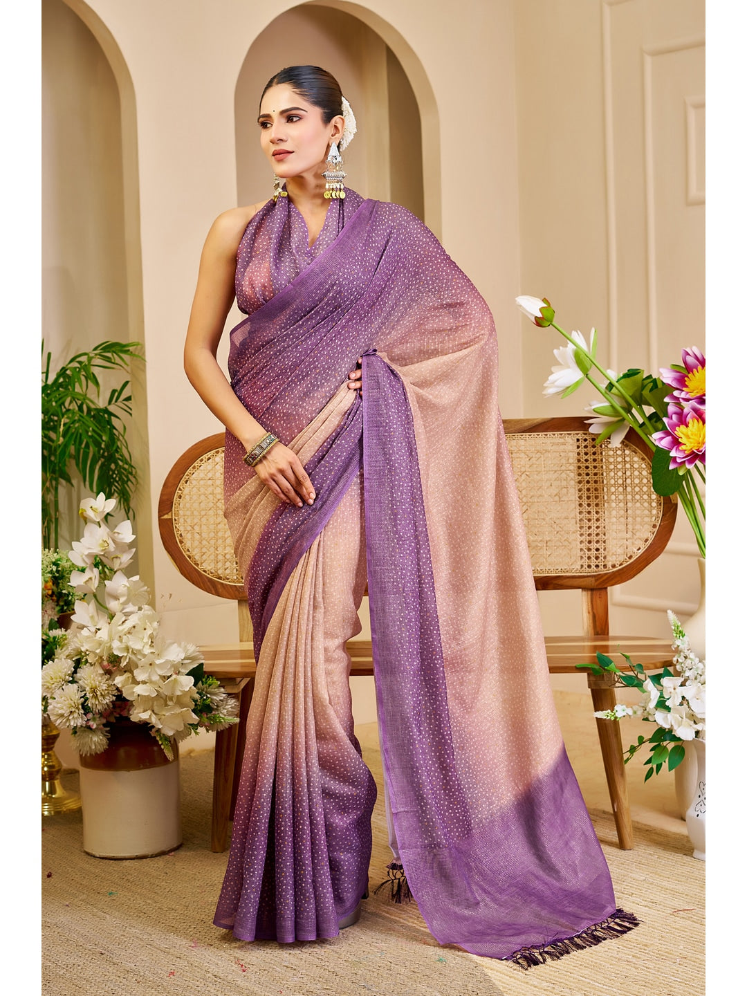 Peachmode Purple Pure Cotton Saree - Image 1