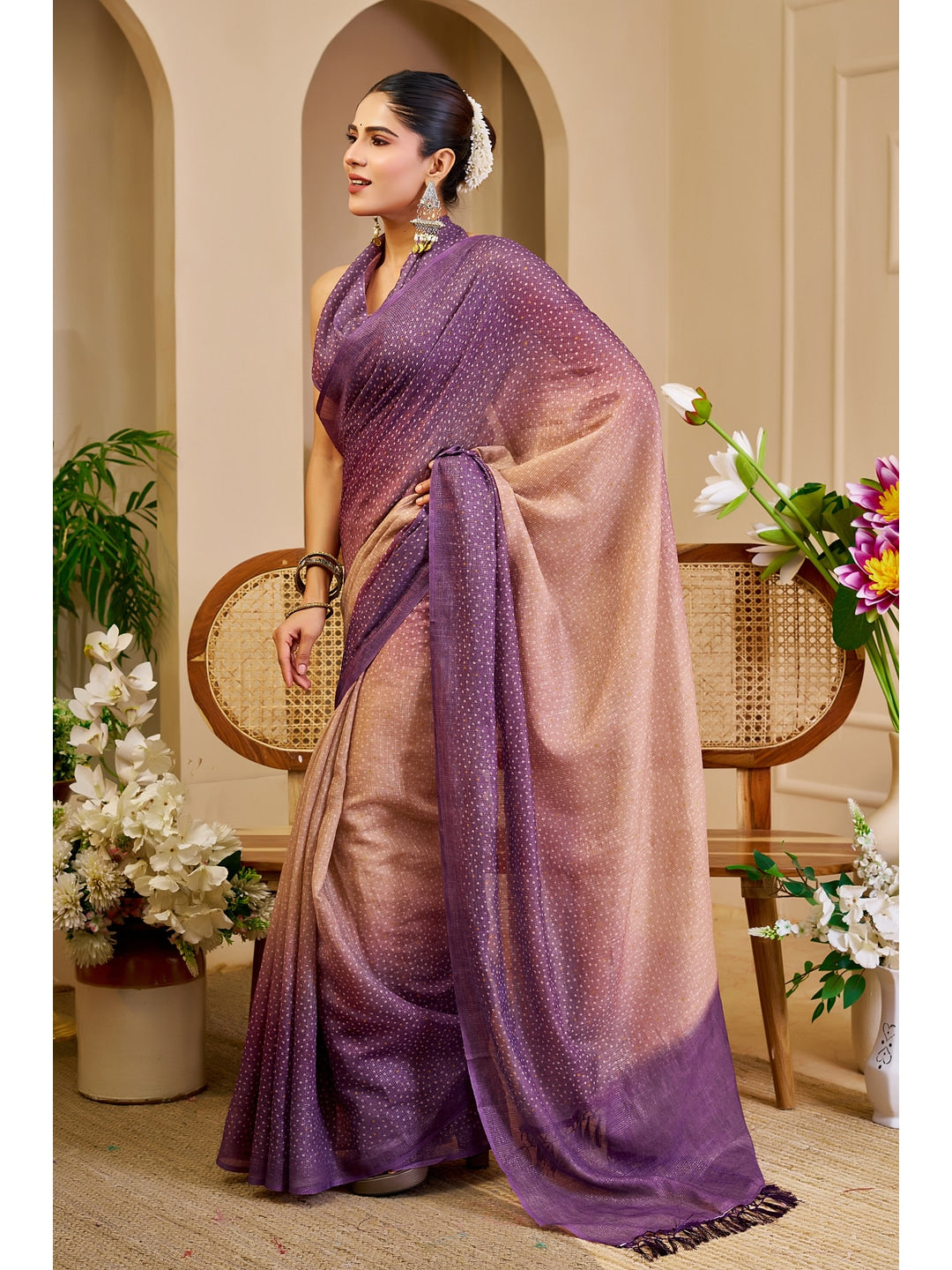 Peachmode Purple Pure Cotton Saree - Image 4