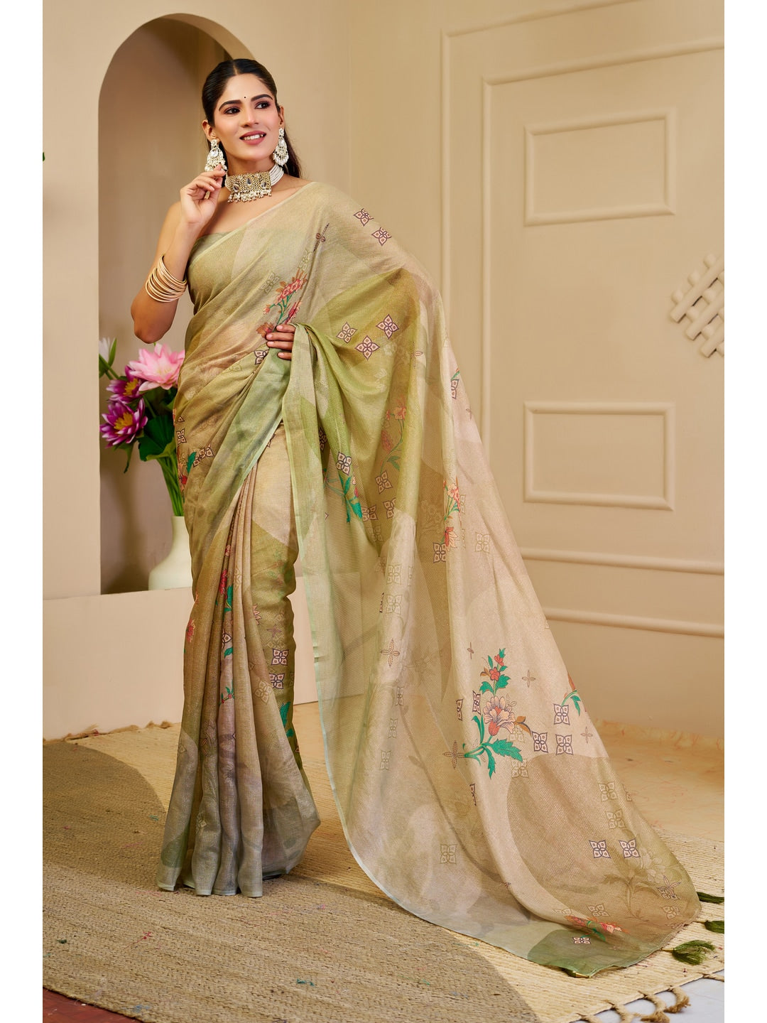 Peachmode Beige Pure Cotton Saree - Image 1