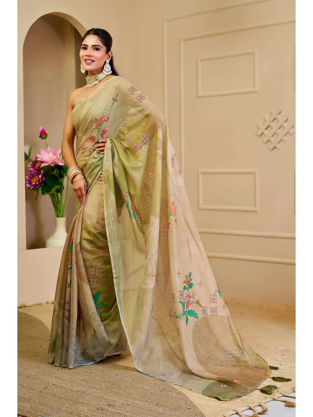 Peachmode Beige Pure Cotton Saree - Image 2