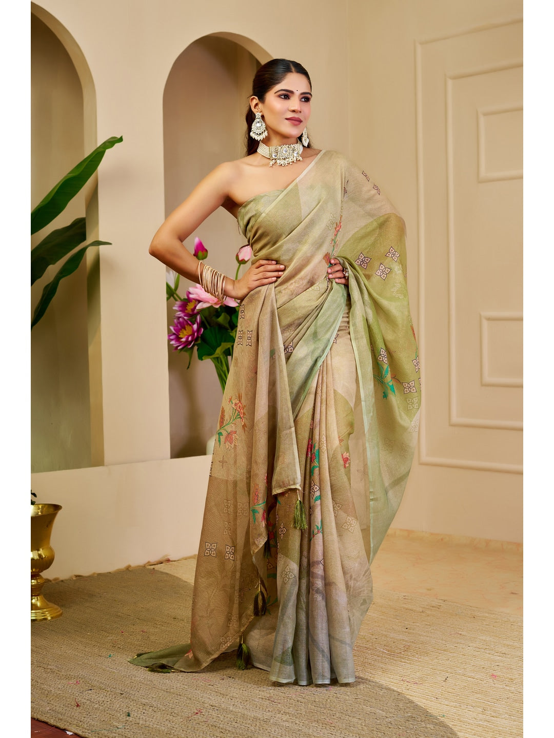 Peachmode Beige Pure Cotton Saree - Image 4