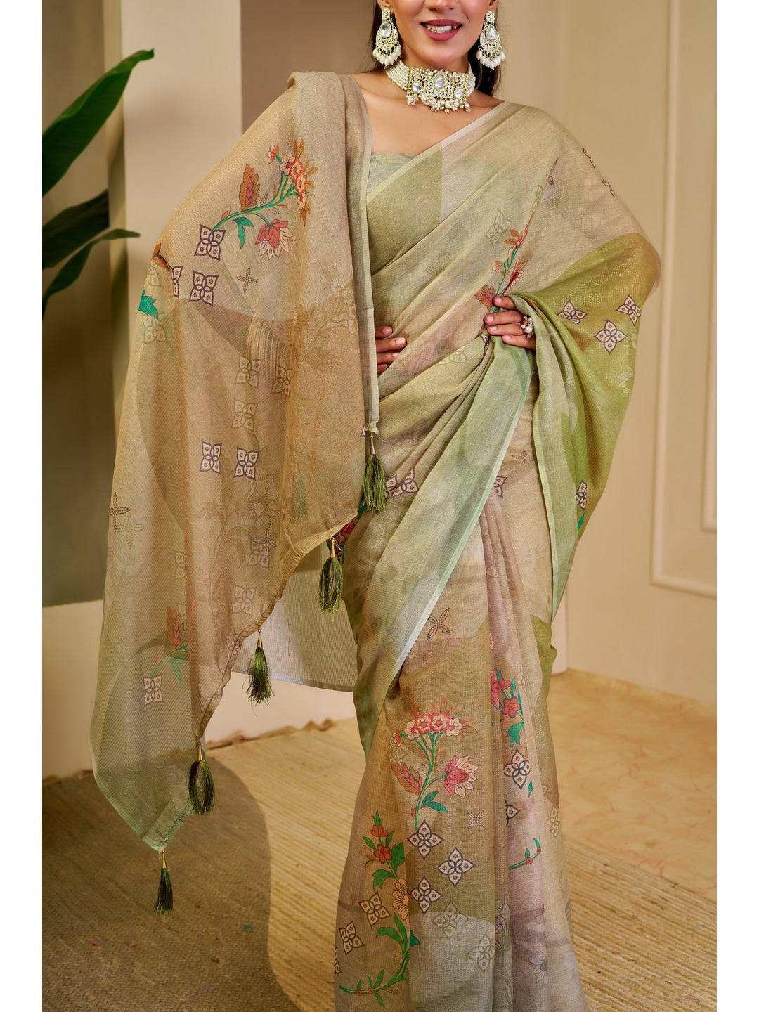 Peachmode Beige Pure Cotton Saree - Image 5