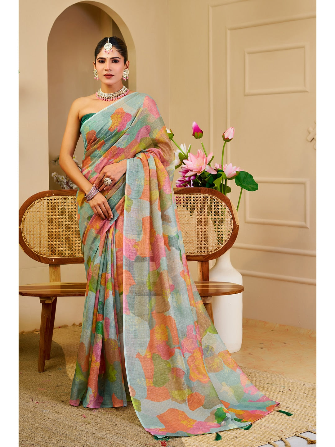 Peachmode Green Pure Cotton Saree - Image 1