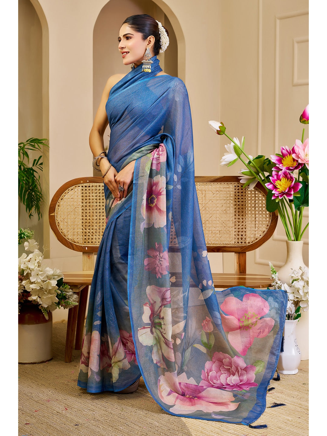 Peachmode Blue Pure Cotton Saree - Image 3