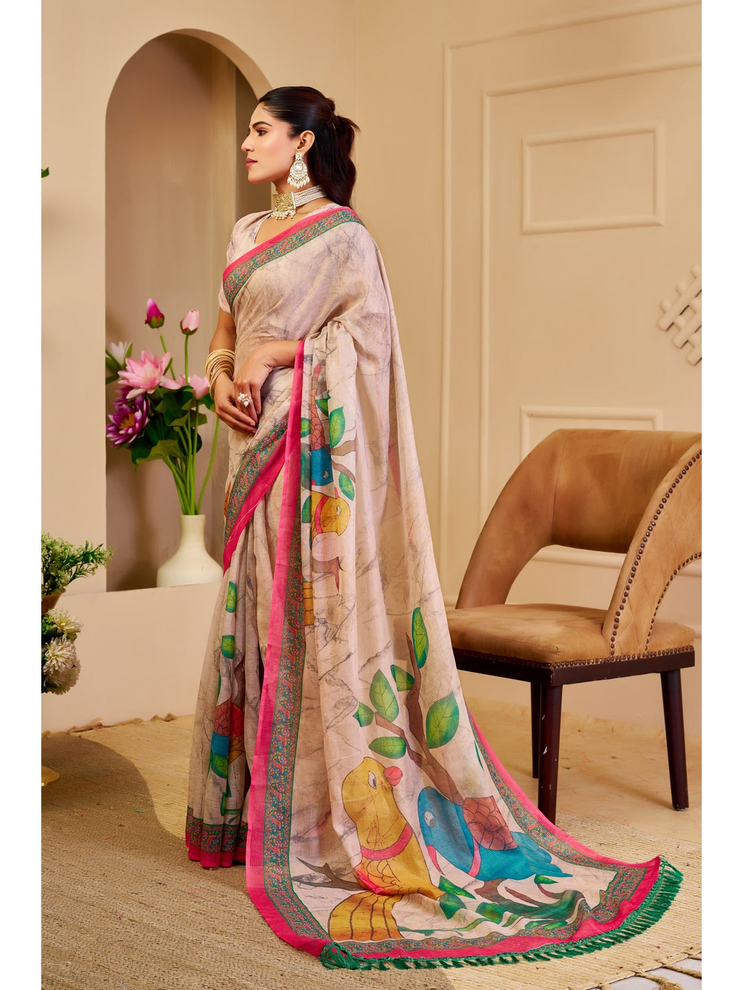 Peachmode Beige Pure Cotton Saree - Image 2