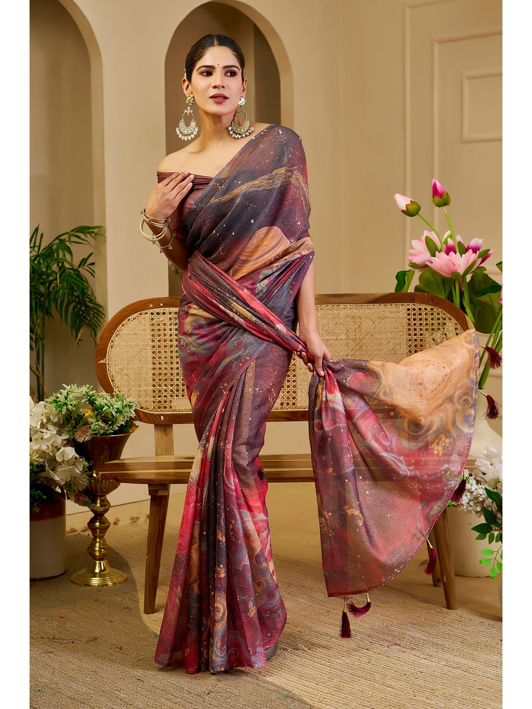 Peachmode Burgundy Pure Cotton Saree - Image 4