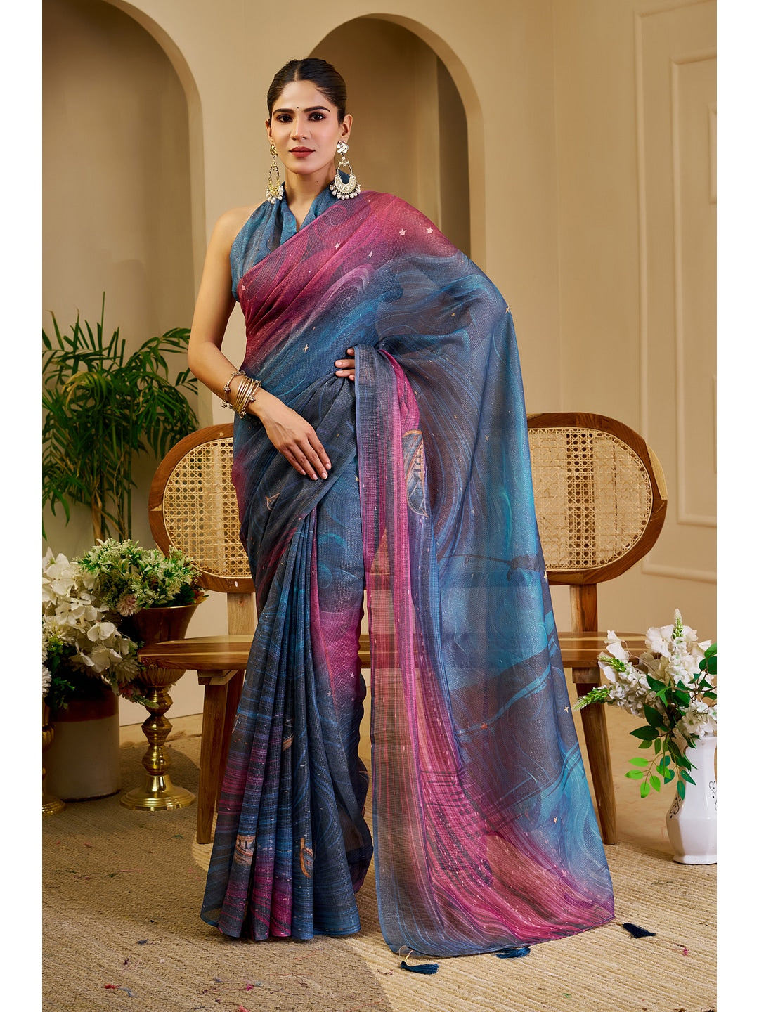 Peachmode Blue Pure Cotton Saree - Image 1
