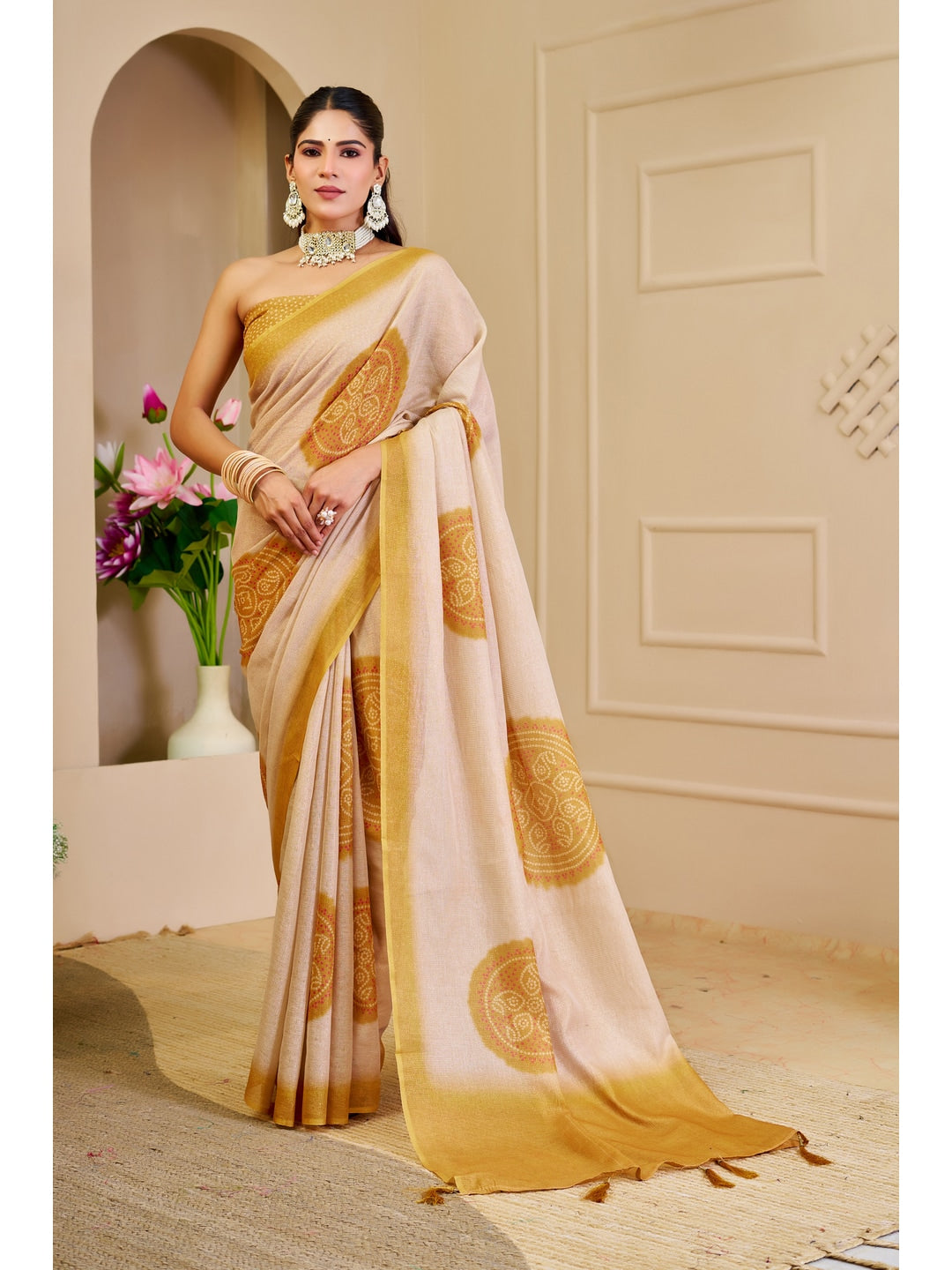 Peachmode Cream Pure Cotton Saree - Image 1