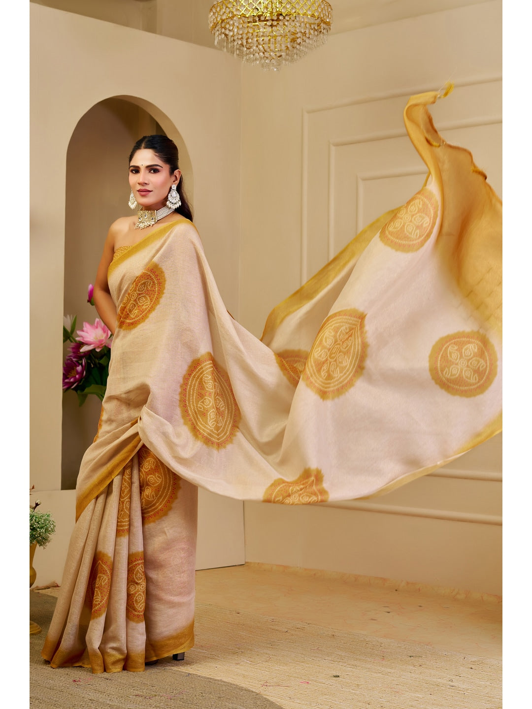 Peachmode Cream Pure Cotton Saree - Image 3