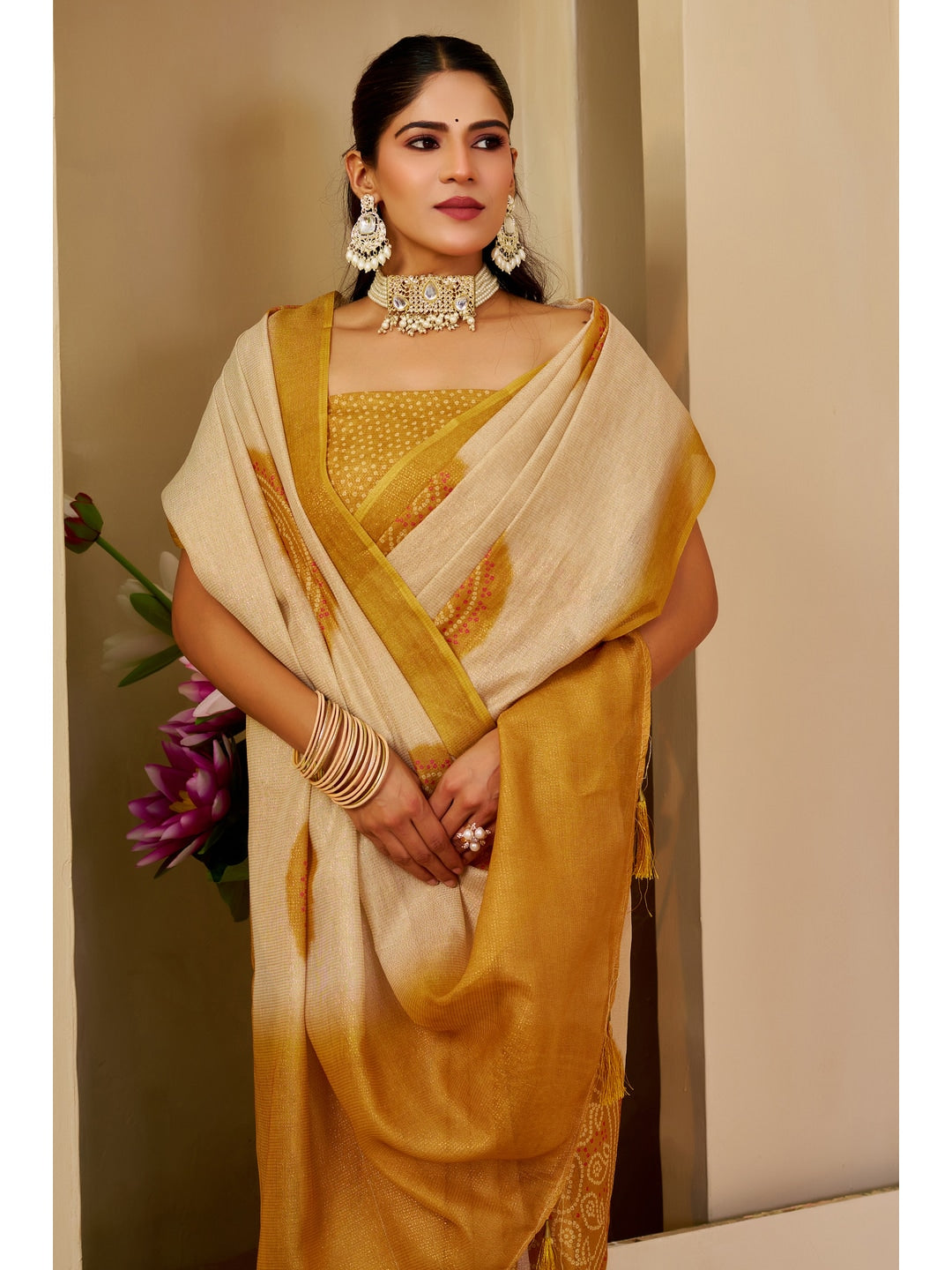 Peachmode Cream Pure Cotton Saree - Image 4