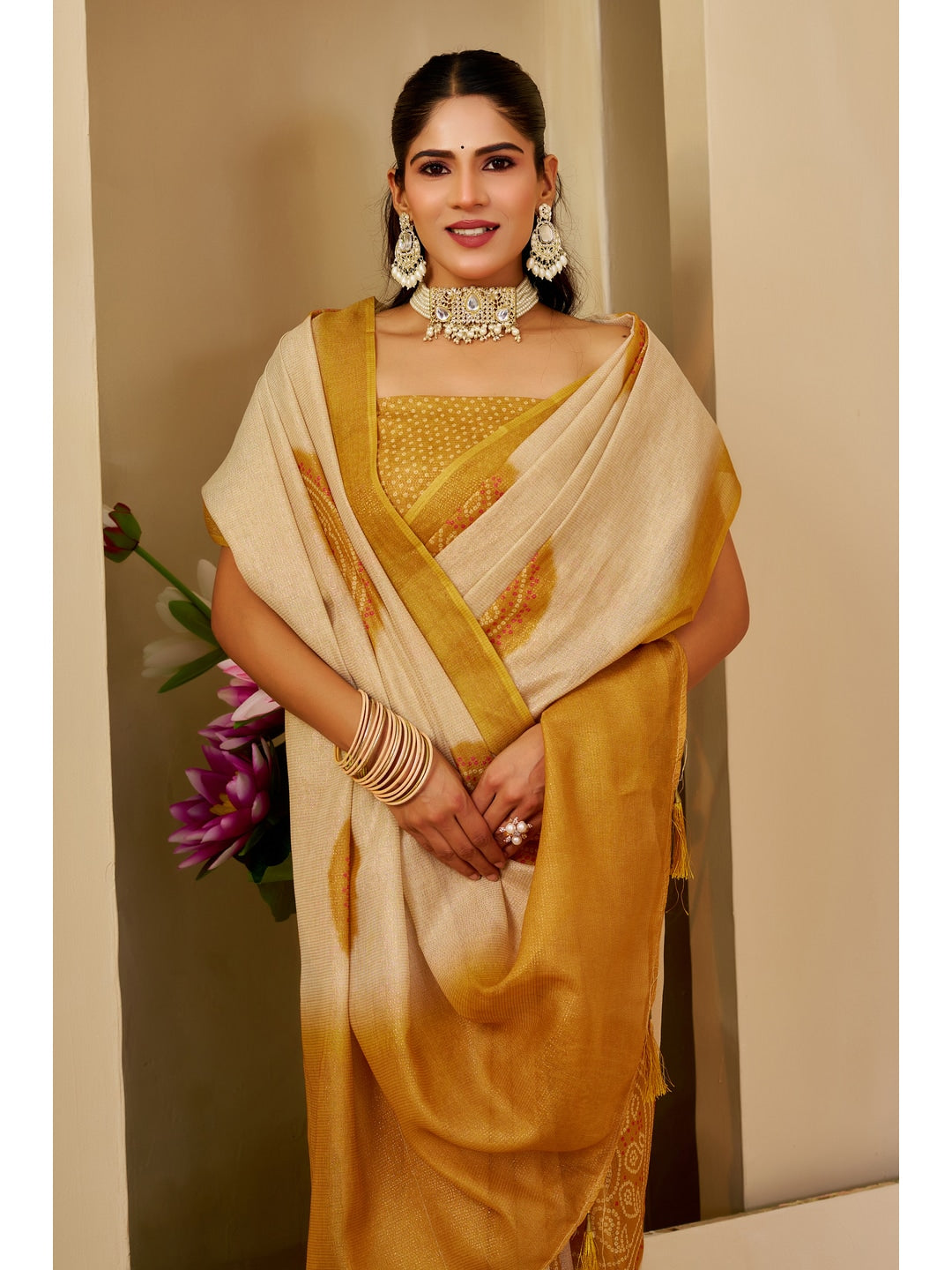 Peachmode Cream Pure Cotton Saree - Image 5