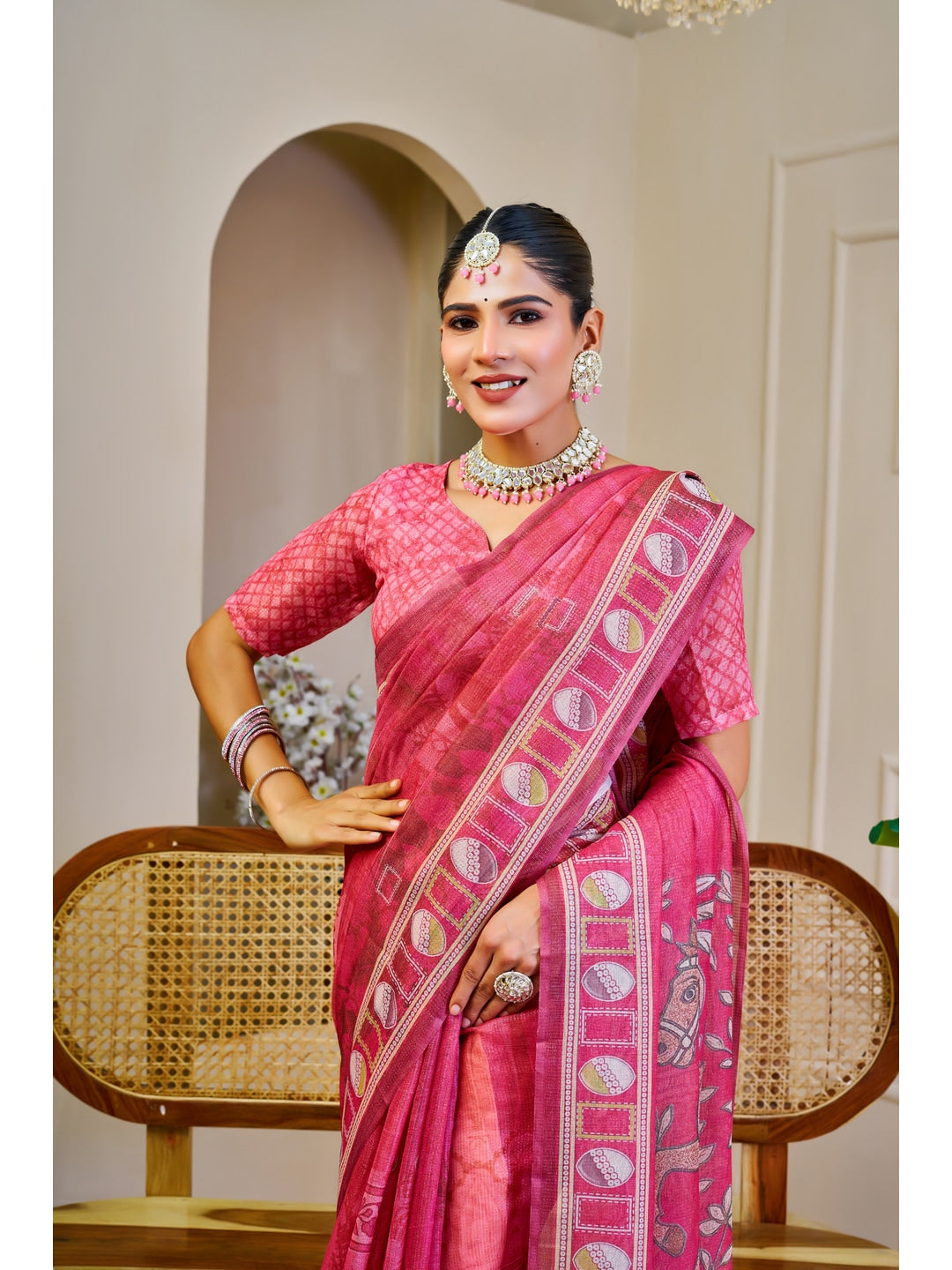 Peachmode Pink Pure Cotton Saree - Image 4