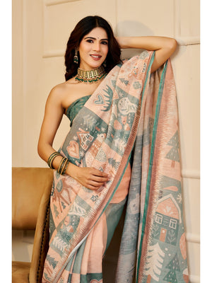Peachmode Beige Pure Cotton Saree - Image 2