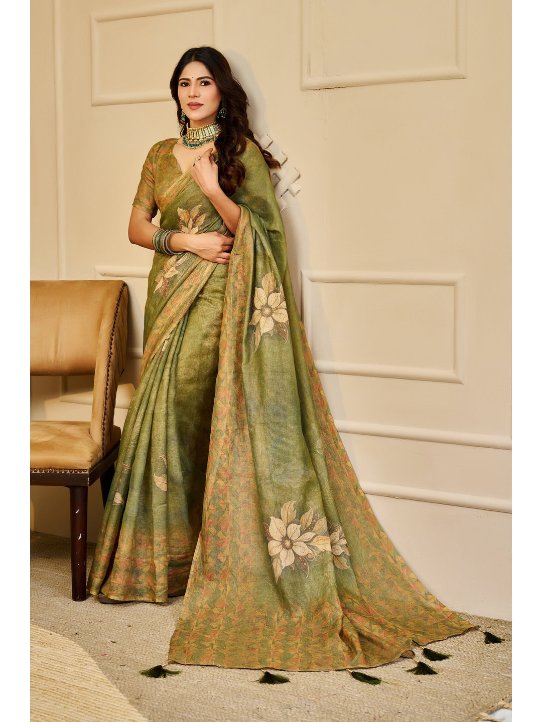 Peachmode Green Pure Cotton Saree - Image 1