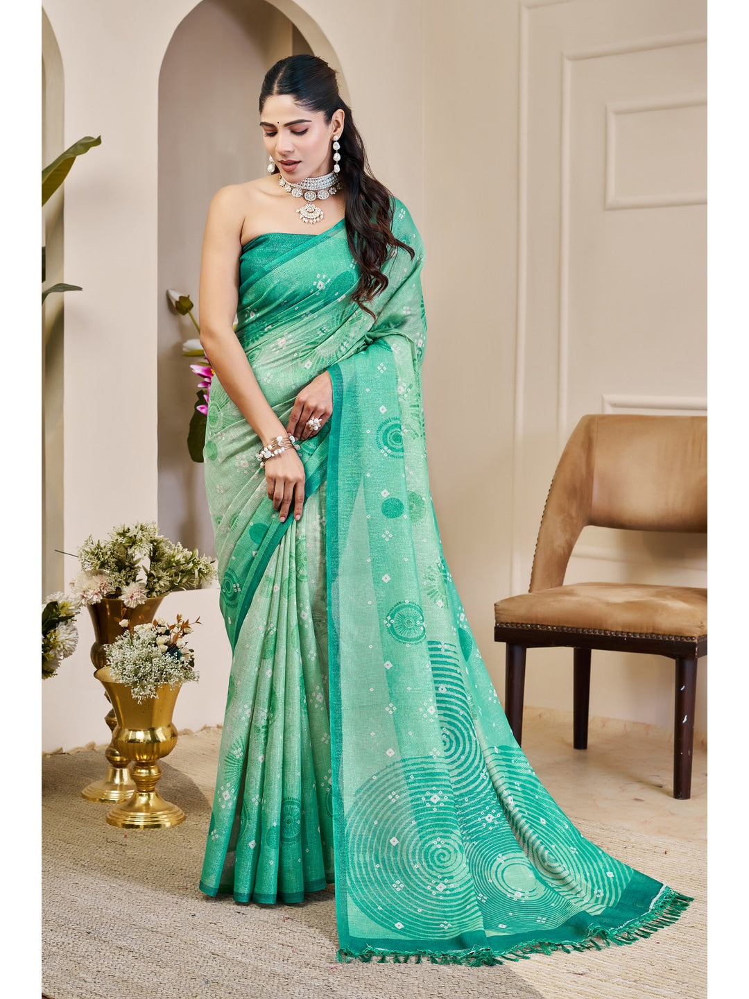 Peachmode Sea Green Pure Cotton Saree - Image 1