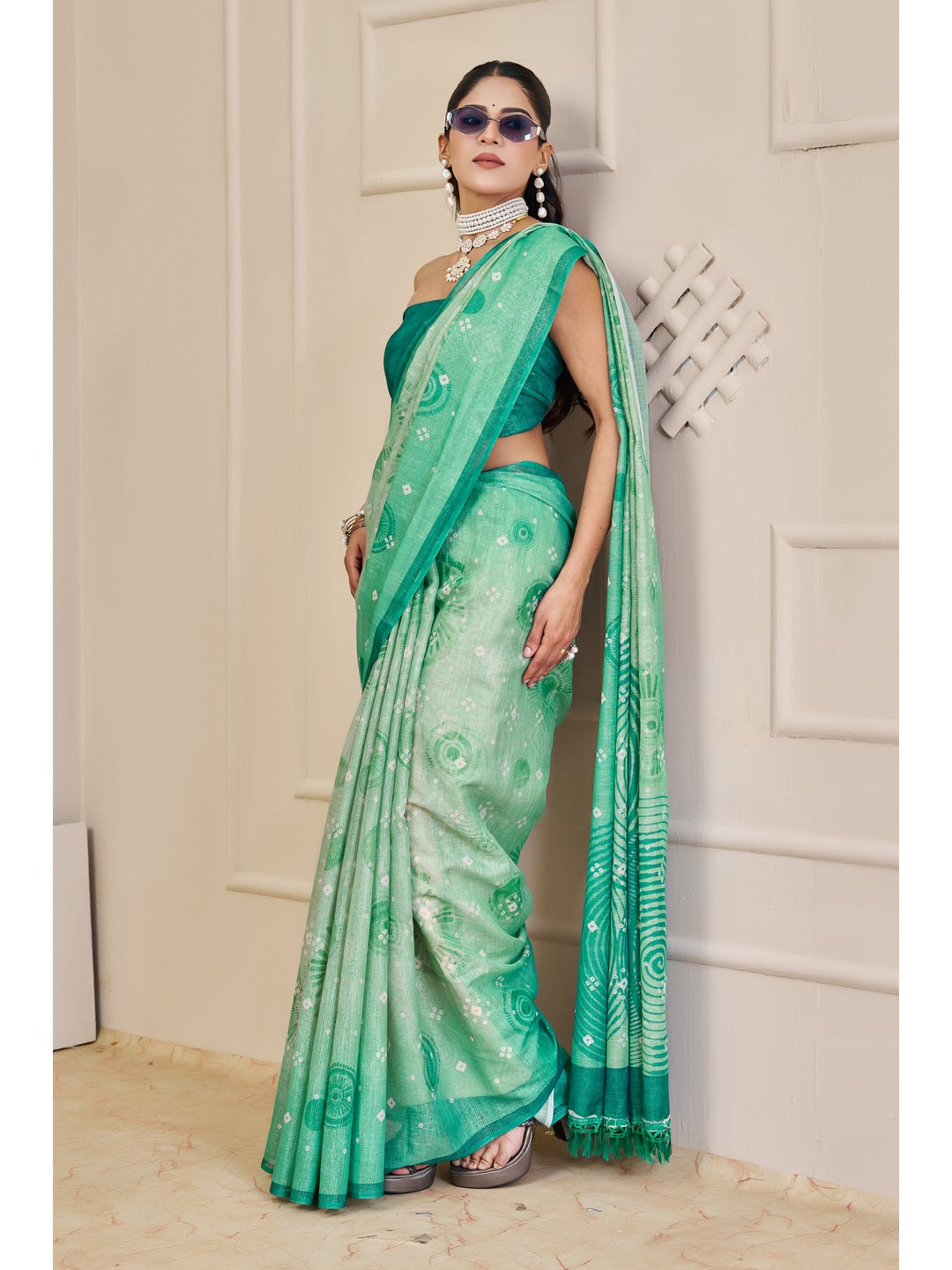 Peachmode Sea Green Pure Cotton Saree - Image 4