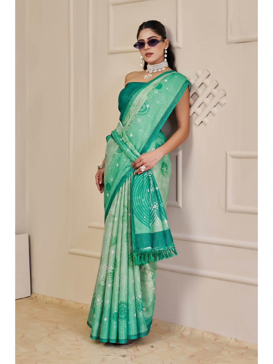 Peachmode Sea Green Pure Cotton Saree - Image 5