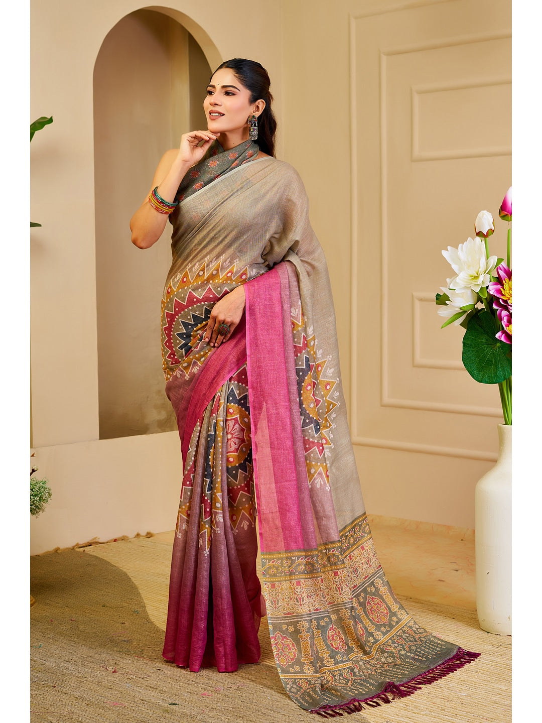 Peachmode Grey Pure Cotton Saree - Image 1