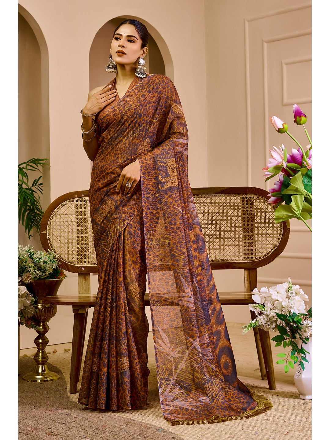 Peachmode Brown Pure Cotton Saree - Image 1