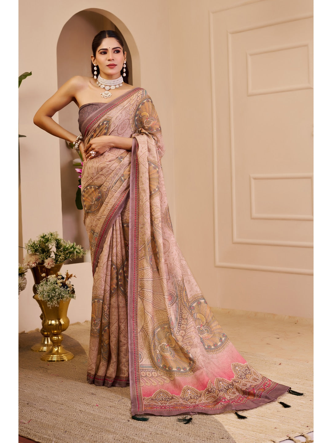 Peachmode Pink Pure Cotton Saree - Image 1
