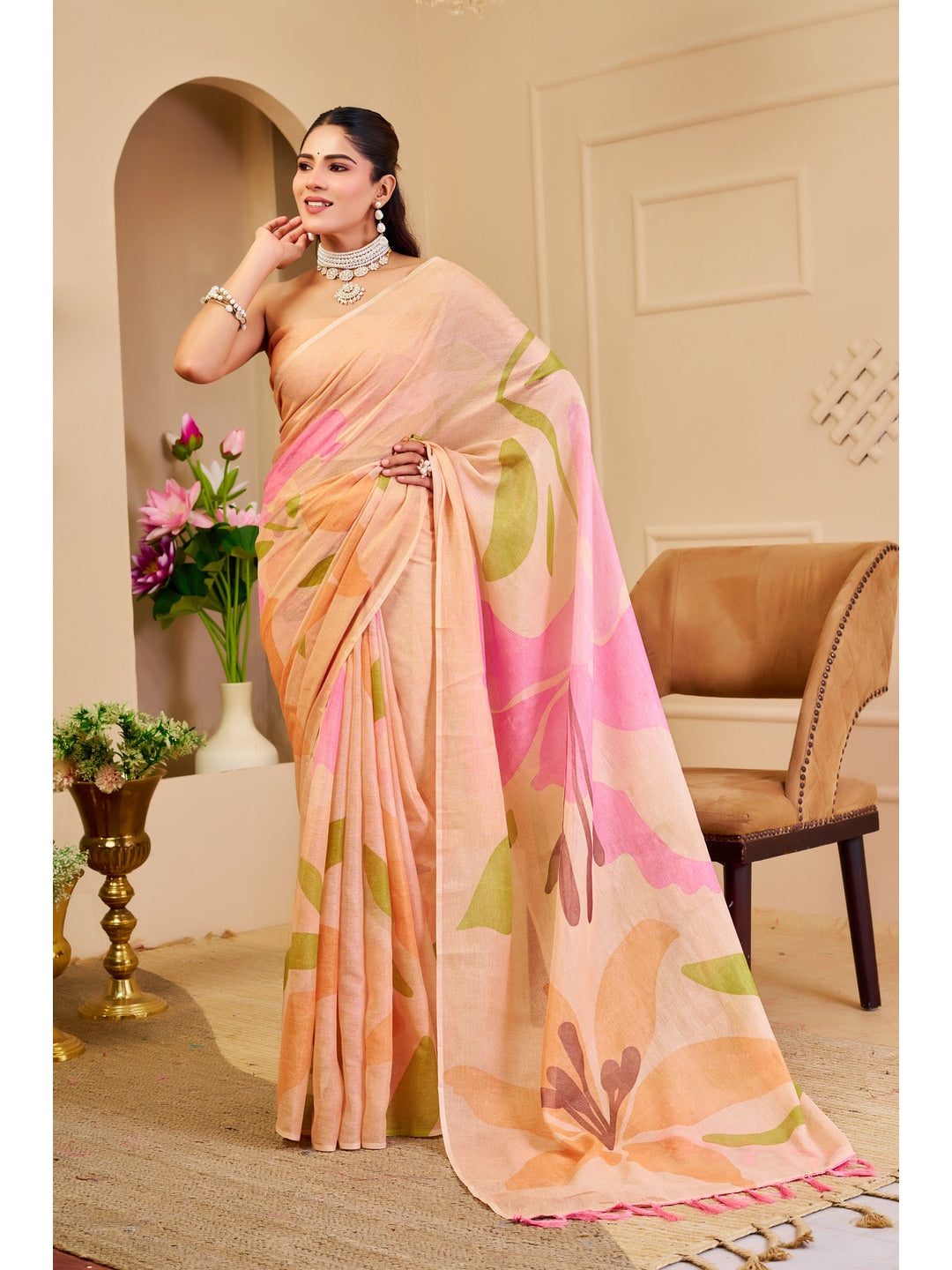 Peachmode Pink Pure Cotton Saree - Image 1