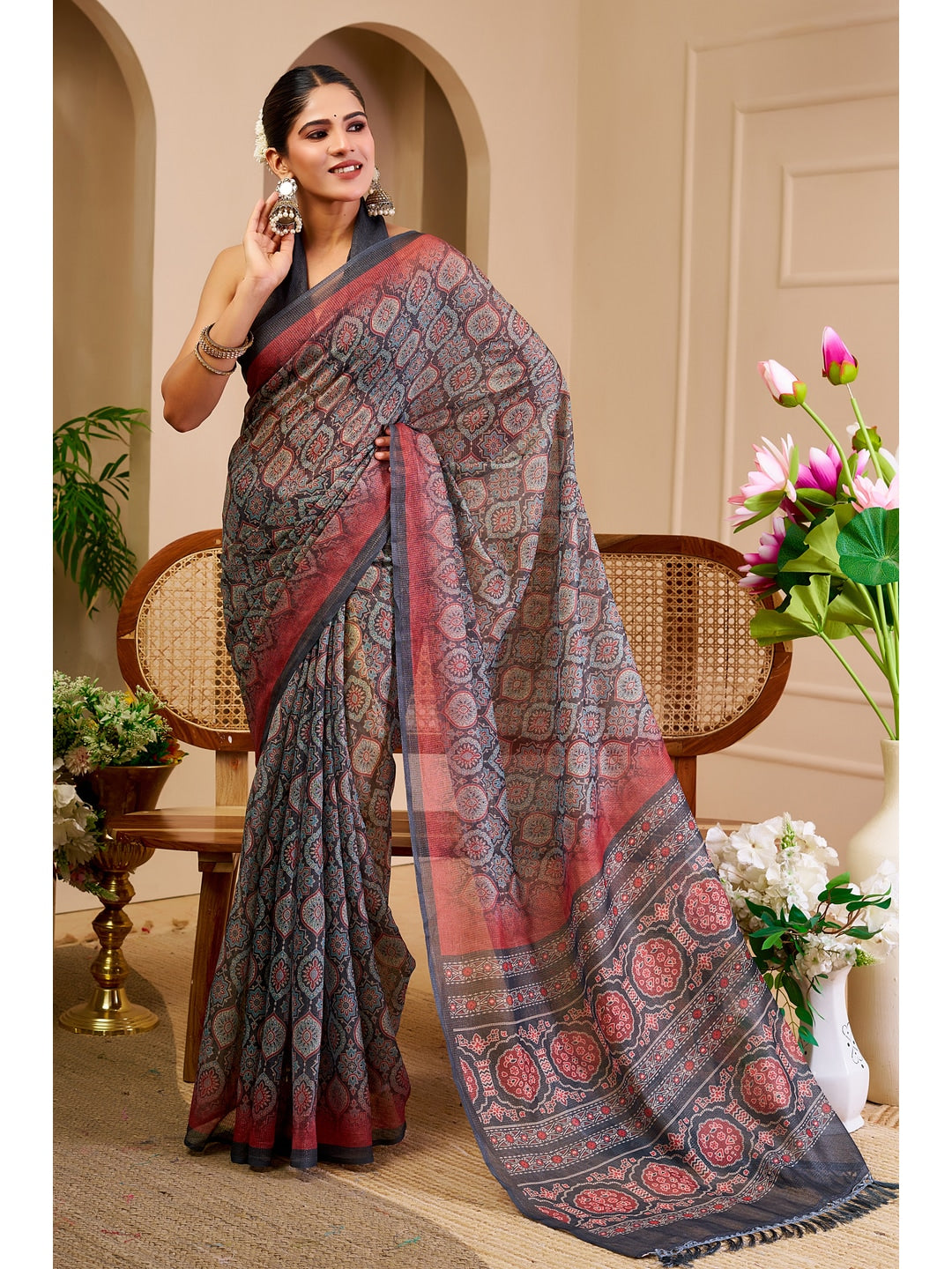 Peachmode Red & Grey Pure Cotton Saree - Image 1