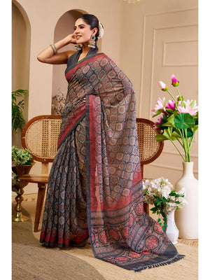 Peachmode Red & Grey Pure Cotton Saree - Image 2