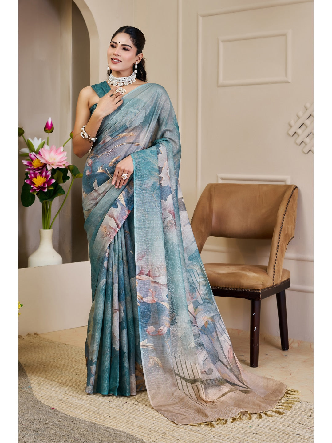 Peachmode Blue Pure Cotton Saree - Image 1