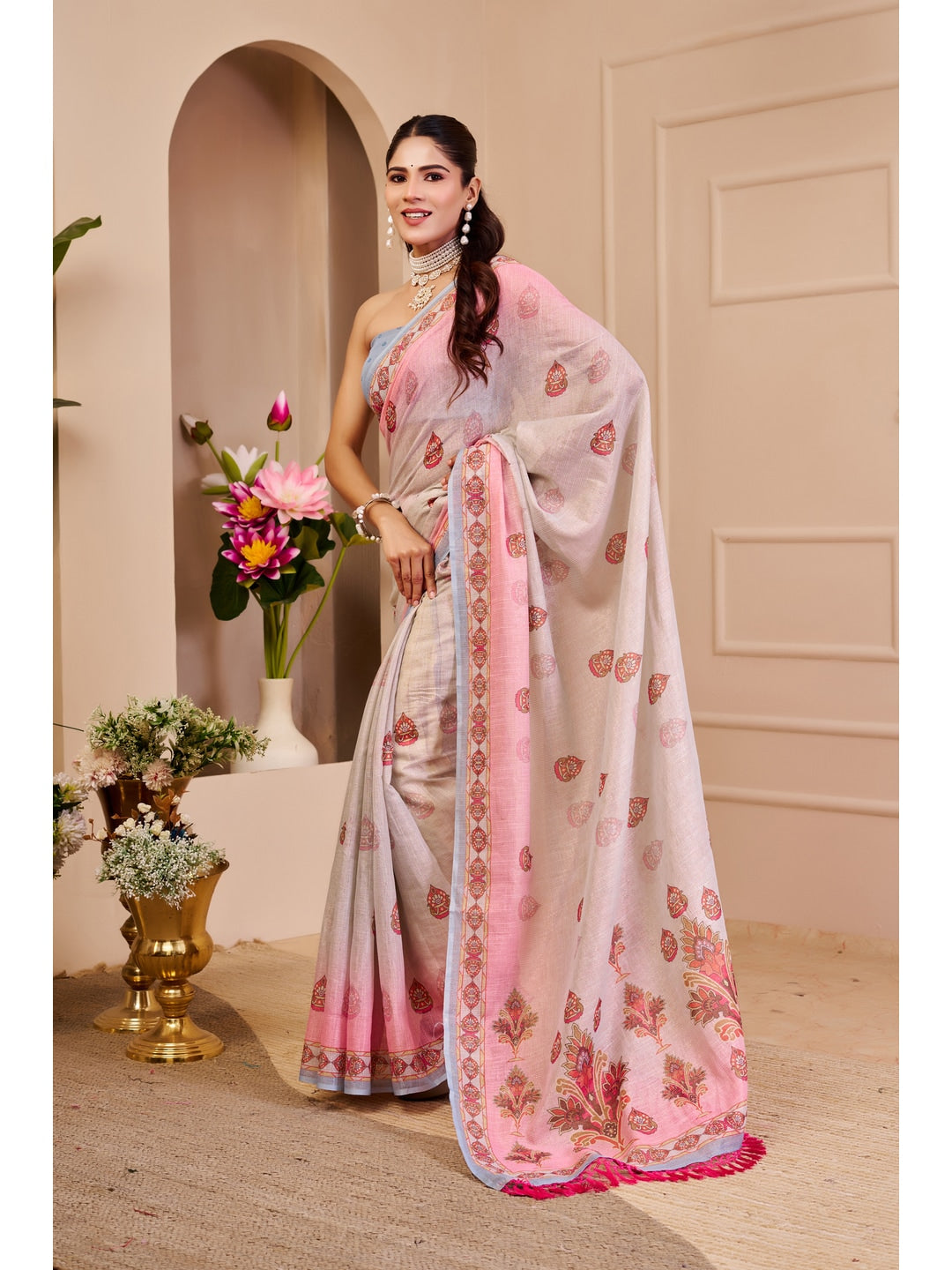 Peachmode Pink Pure Cotton Saree - Image 2