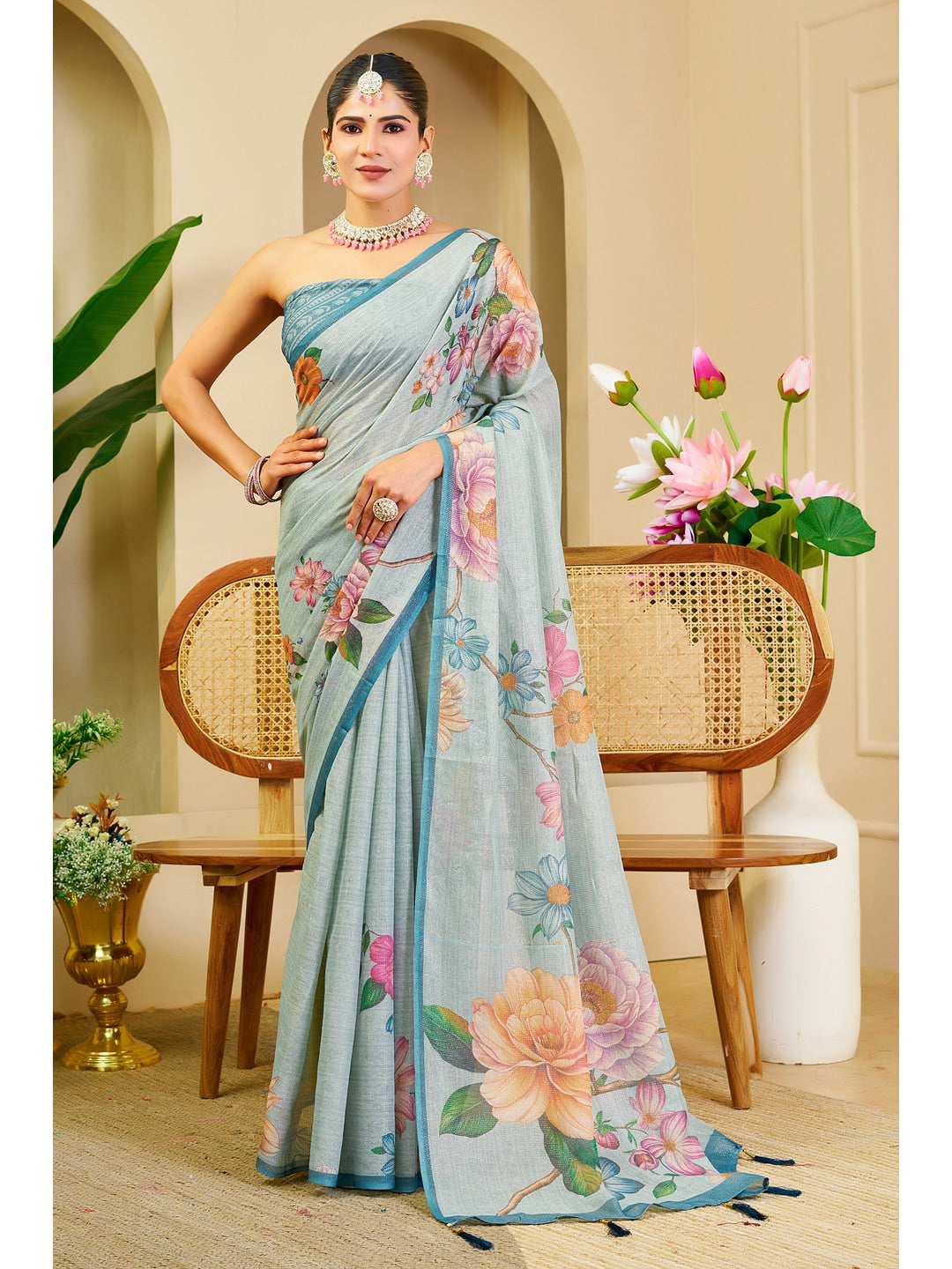 Peachmode Blue Pure Cotton Saree - Image 1