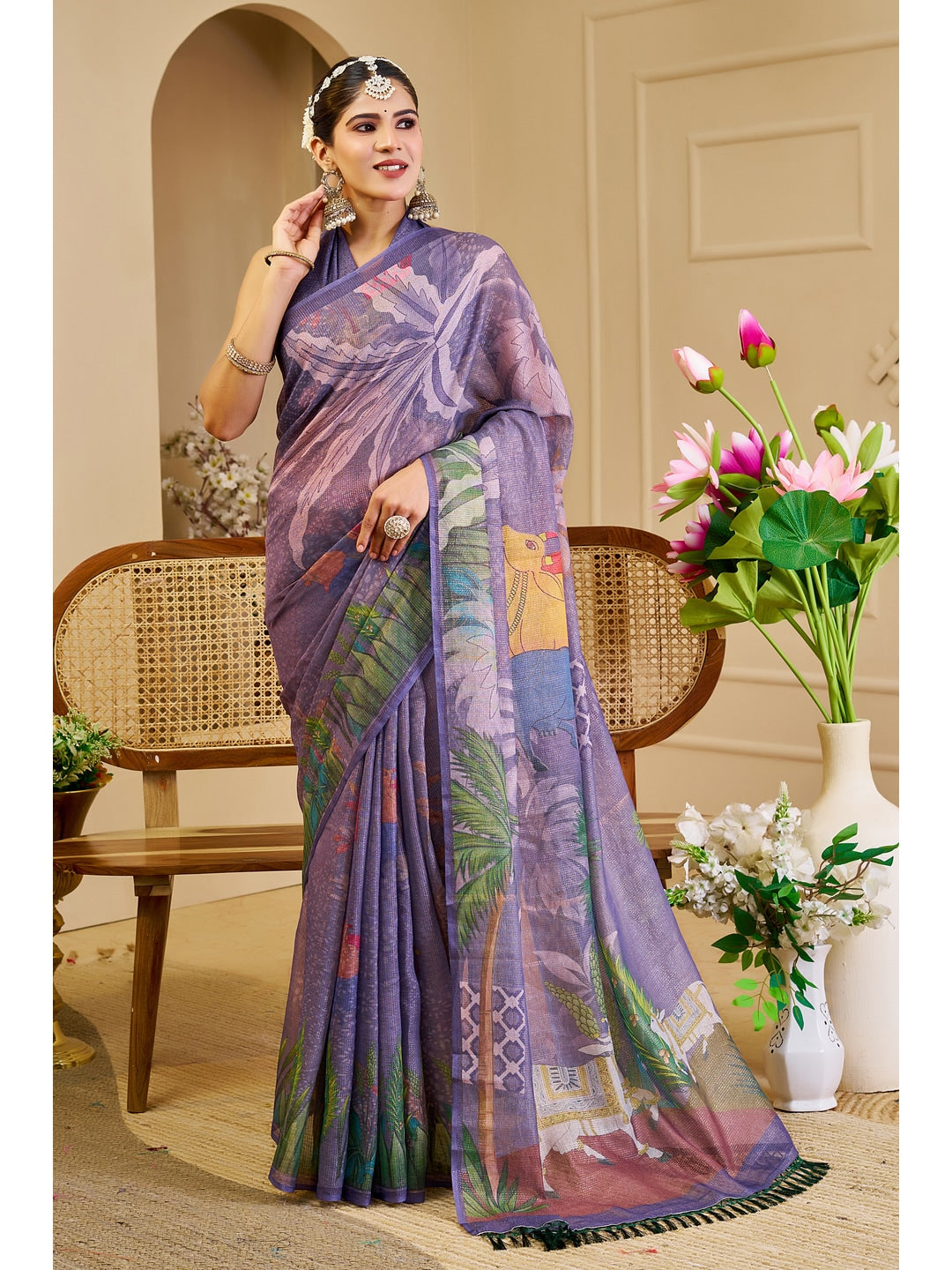 Peachmode Lavender Pure Cotton Saree - Image 1