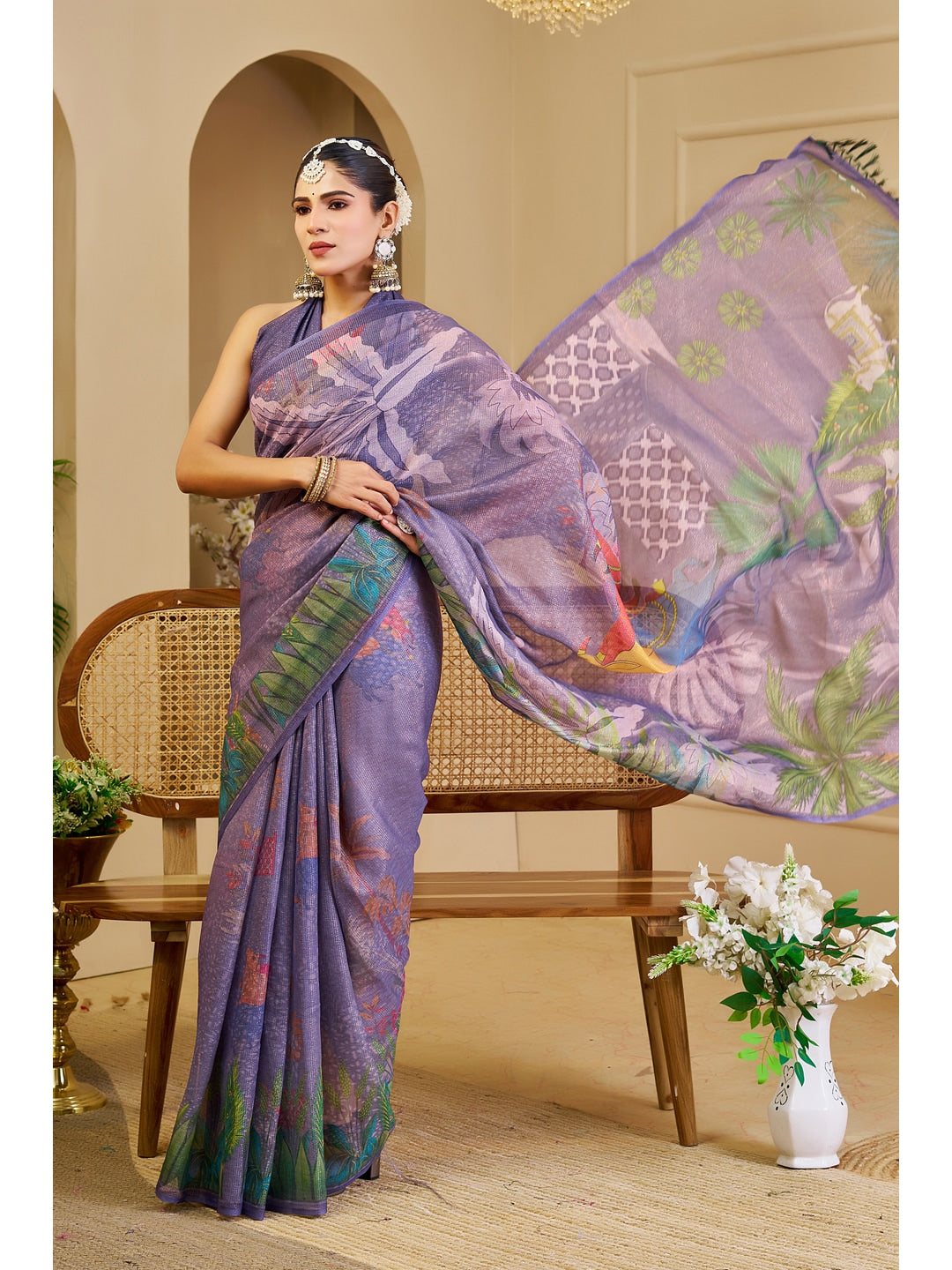 Peachmode Lavender Pure Cotton Saree - Image 4