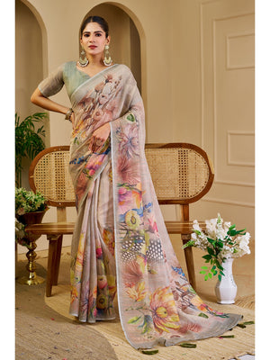 Peachmode Grey Pure Cotton Saree - Image 1
