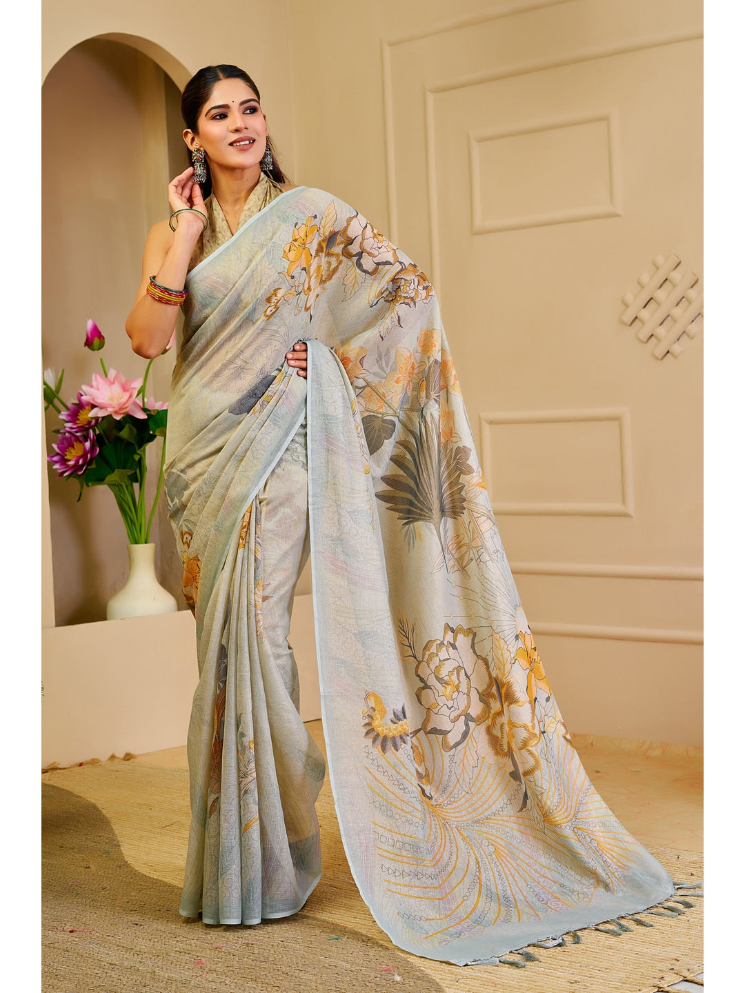 Peachmode Yellow Pure Cotton Saree - Image 1