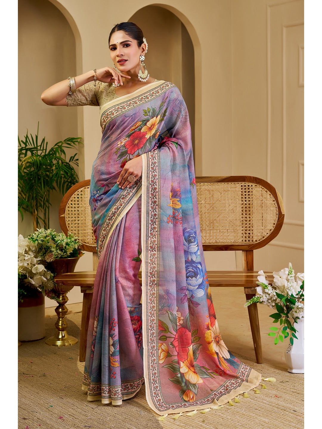 Peachmode Purple Pure Cotton Saree - Image 1